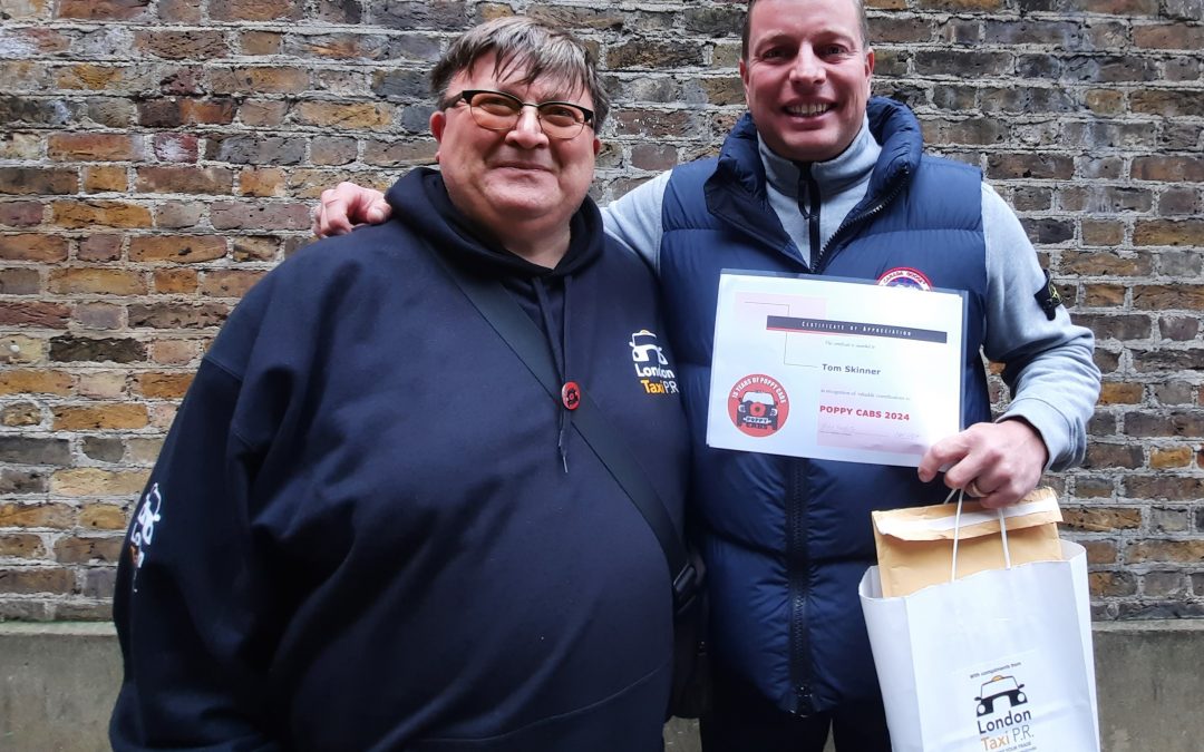 Poppy Cabs certificate of Thanks presented to Tom Skinner by London Taxi PR